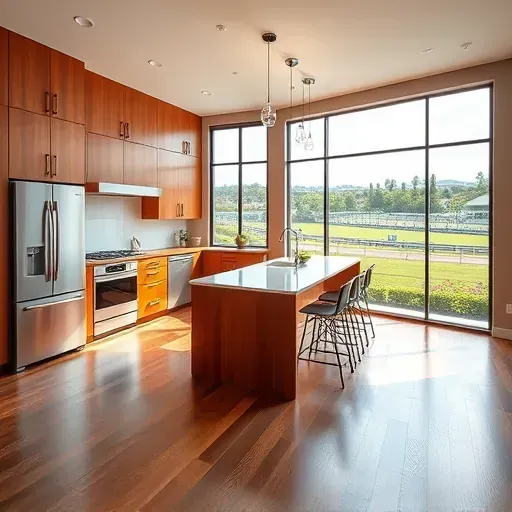 Luxurious Santa Anita Park kitchen remodeling with modern wood cabinetry stainless steel appliances and scenic outdoor views