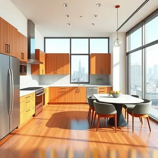 Renovated Los Angeles kitchen with quartz countertops, warm wood cabinetry, stainless steel appliances, and city views.