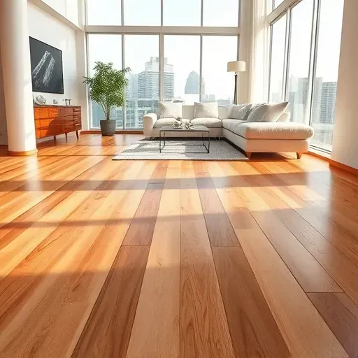 Freshly completed warm hardwood flooring in a modern Los Angeles living room with natural sunlight and sleek furniture