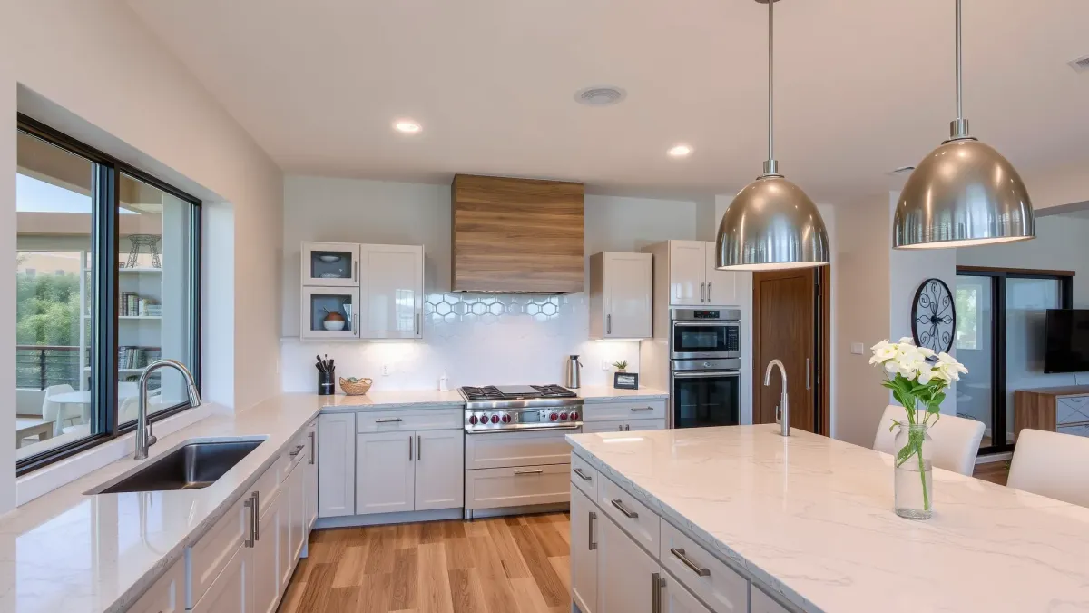 Modern Laguna Niguel kitchen with granite countertops, white shaker cabinets, stainless appliances, dark hardwood floors, and sunset view.