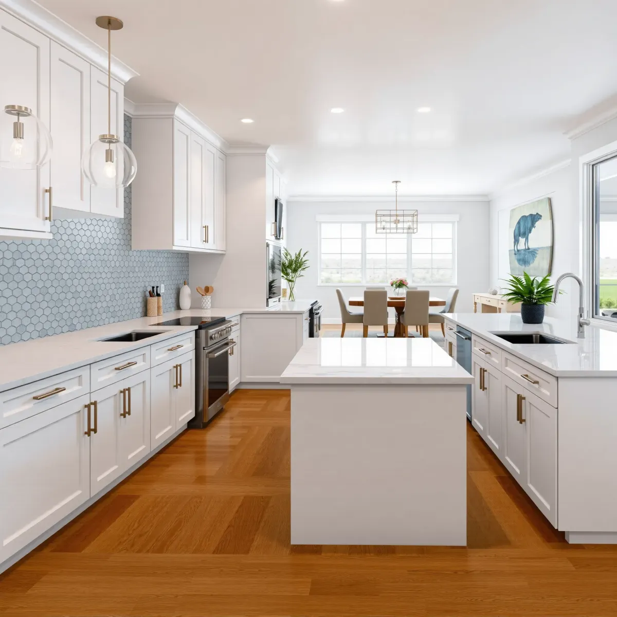 Bright, modern Los Alamitos kitchen with quartz countertops, stainless steel appliances, white cabinetry, and elegant lighting.