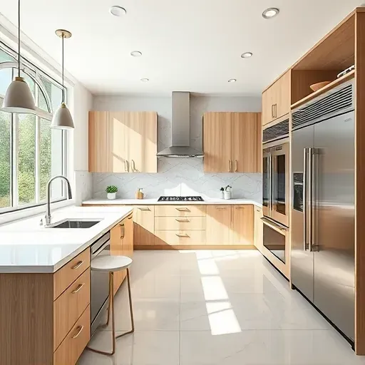 Remodeled Lake Forest CA kitchen with modern light wood cabinets stainless steel appliances marble island natural light