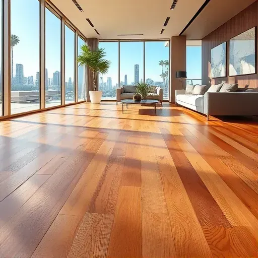 Luxurious hardwood flooring in a modern Los Angeles interior with city views, large windows, contemporary furniture, and polished finish