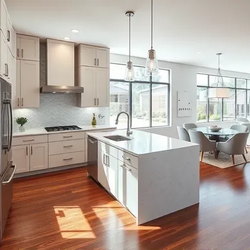 Remodeled Irvine kitchen with sleek matte cabinets, quartz countertops, stainless steel appliances, hardwood floors, and open outdoor connection