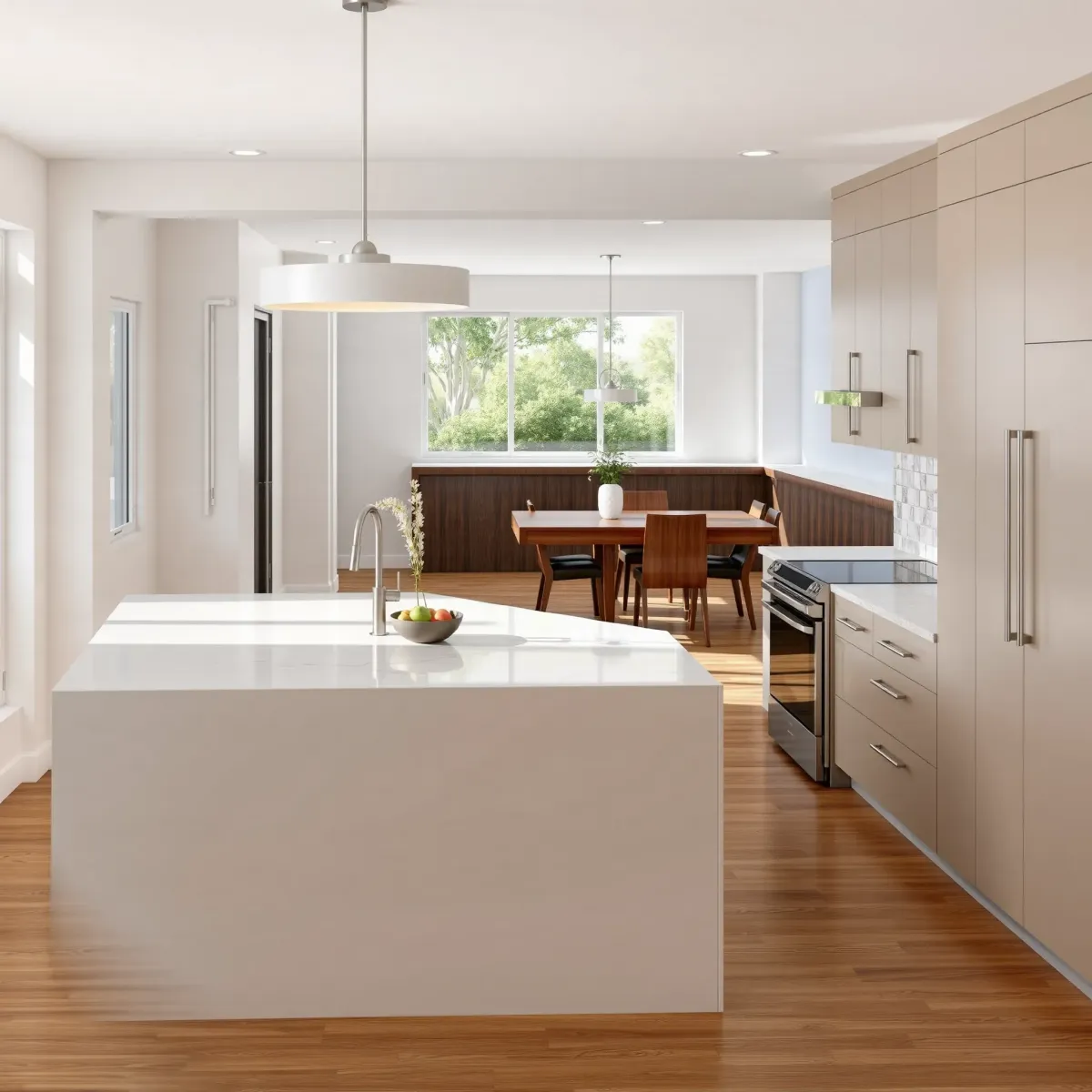 Modern Mid-City CA kitchen with white cabinets, stainless appliances, marble island, subway tiles, wood floors, natural light.