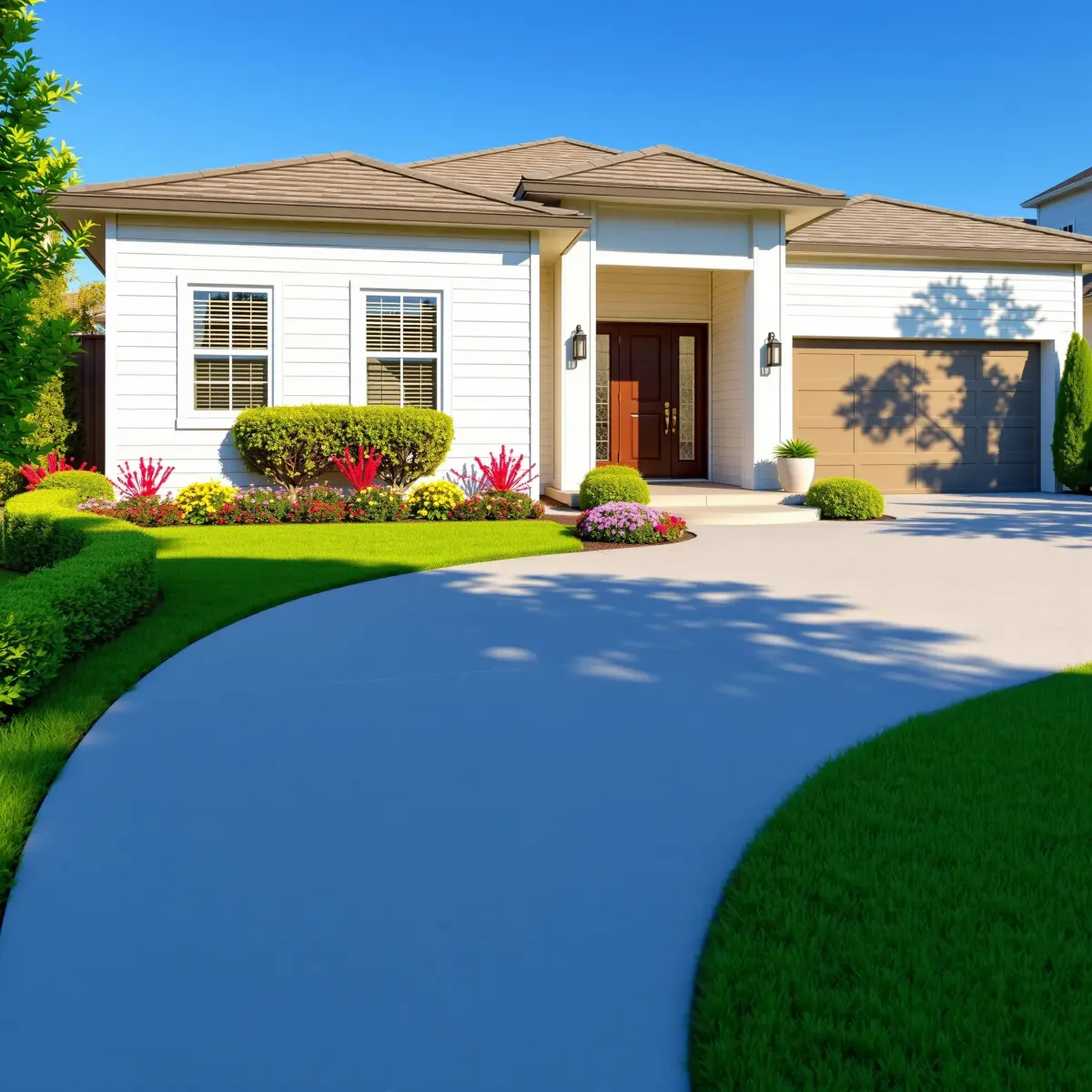 Beautiful renovated Bristol Manor home in CA with modern facade, lush landscaping, clean driveway, and vibrant flowers.