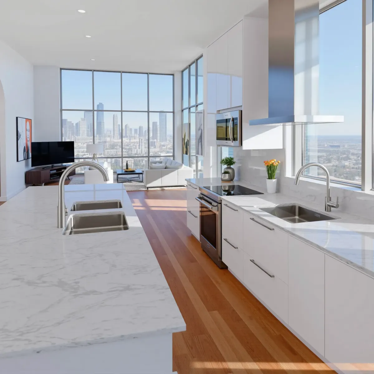 Modern LA kitchen with granite counters, stainless steel appliances, hardwood floors, and city skyline views.