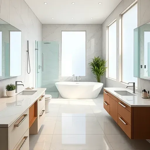 Beautiful renovated Los Angeles bathroom with marble countertops glass shower freestanding tub sleek cabinetry natural light polished porcelain tiles greenery and stylish accessories