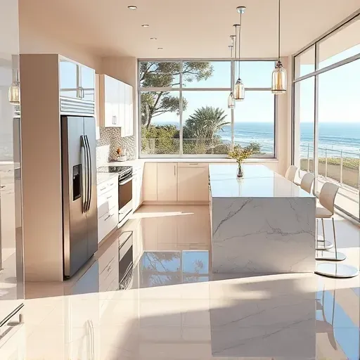 Newport Beach kitchen remodel with modern high-gloss cabinets marble countertops stainless-steel appliances island pendant lighting ocean view