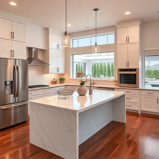Remodeled modern kitchen in Coto de Caza with sleek cabinetry stainless steel appliances marble island hardwood floors and large windows