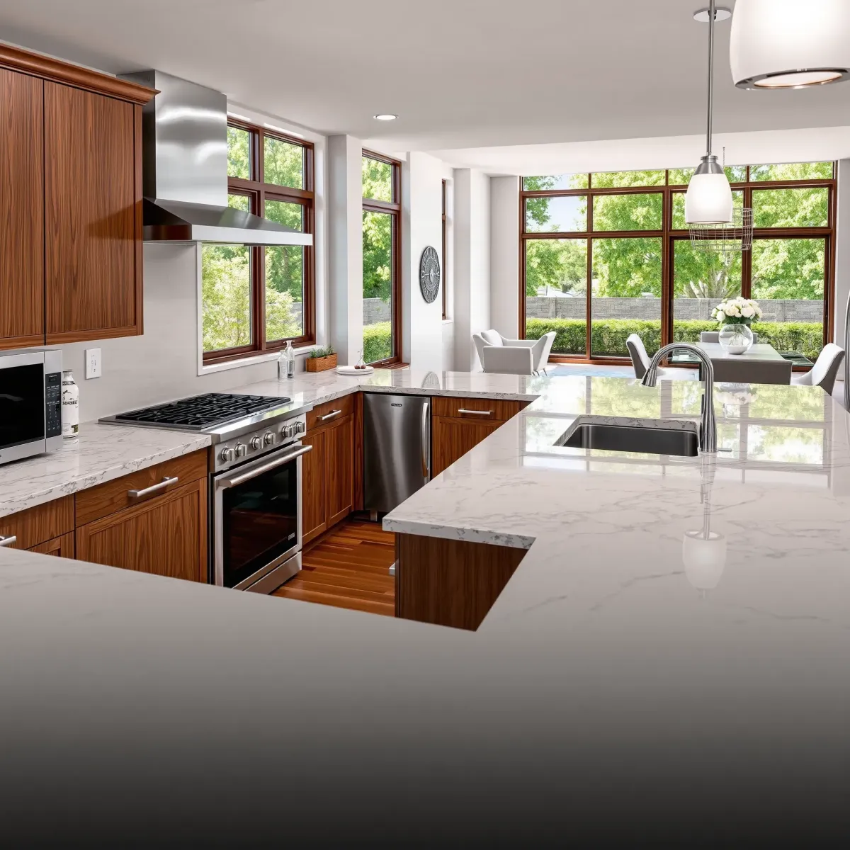 Modern Northwood kitchen with granite countertops, stainless appliances, hardwood floors, and lush outdoor view.