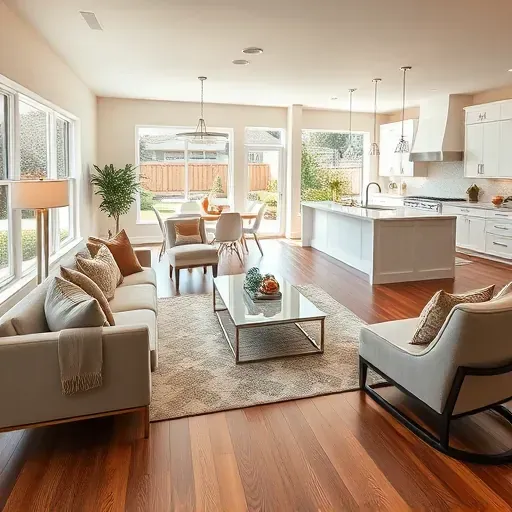 Elegant living room in Lacy CA features open-concept layout, hardwood floors, stylish furniture, and chic kitchen.