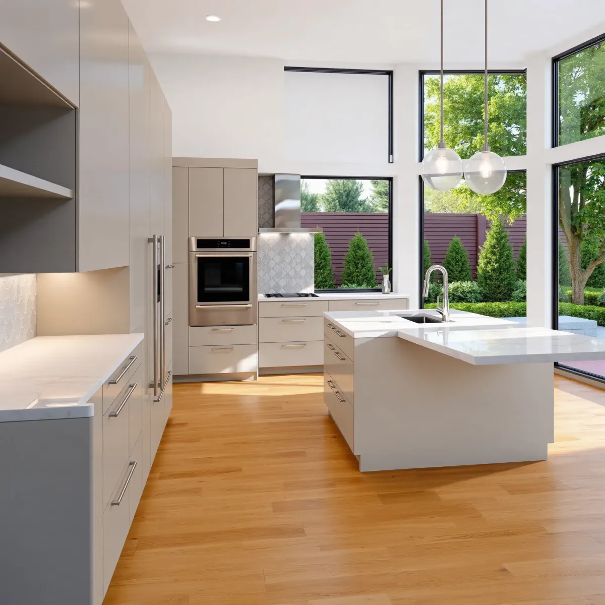 Remodeled French Park, CA kitchen with matte modern cabinets, quartz counters, stainless steel appliances, hardwood floors, and natural light.