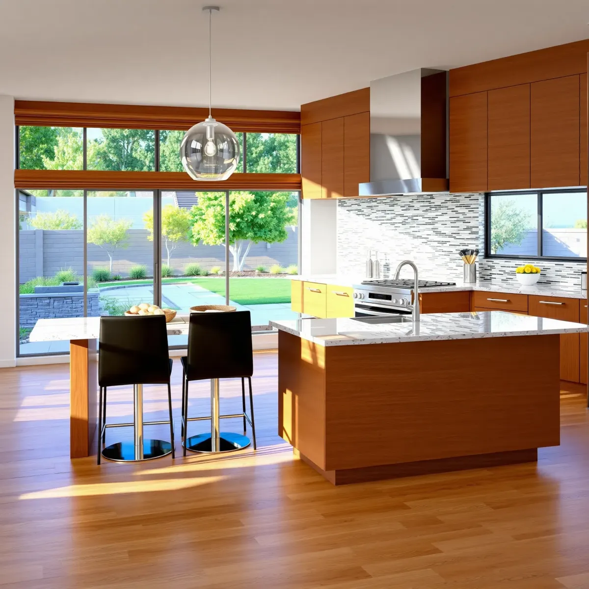 Remodeled Lake Forest, CA kitchen with sleek matte cabinets, stainless steel appliances, marble island, and natural light.