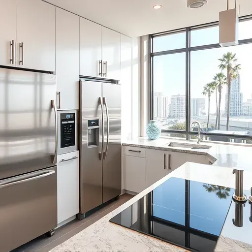 Freshly installed stainless steel appliances in a modern kitchen with city views, polished countertops, and bright natural light