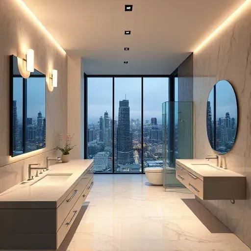 Modern Los Angeles bathroom with sleek lighting, marble countertops, glass shower, chrome accents, city views, and elegant design