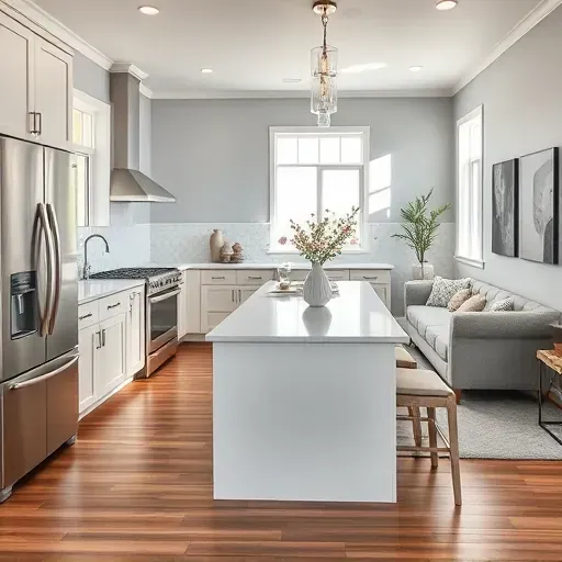 Contemporary kitchen remodel in Fountain Valley CA with quartz countertops, stainless steel appliances, and elegant decor.