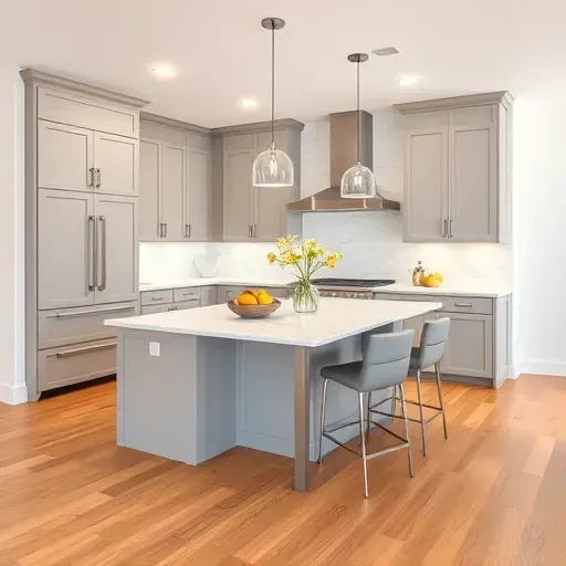 Modern kitchen remodel in North Tustin CA featuring gray cabinets, quartz countertops, white subway tile backsplash, and natural hardwood.