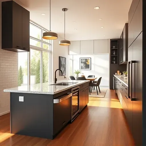 Renovated Los Angeles kitchen with sleek cabinetry, granite island, wine cooler, stainless appliances, and natural light.