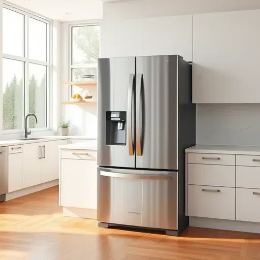 Finished stainless steel refrigerator installed in modern bright kitchen with quartz countertops and hardwood floors