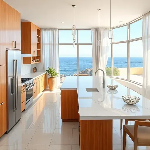 Remodeled San Clemente kitchen with white quartz countertops, warm wood cabinets, stainless steel appliances, marble island, large windows, and coastal view