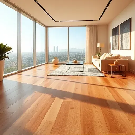 Completed heated hardwood flooring in a modern LA living room with city views, minimalist decor, and natural light