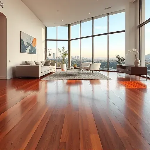Heated hardwood flooring installation in a modern LA living room with large windows, sleek furniture, and natural light.