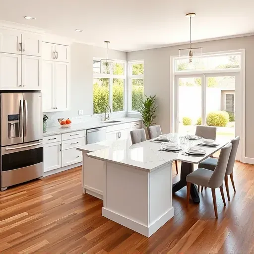 Modern East Garden Grove kitchen featuring white cabinetry, quartz island, stainless appliances, and natural light.