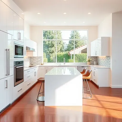 Modern kitchen remodel in Foothill Ranch CA with white cabinetry, quartz countertops, stainless steel appliances, and natural light.