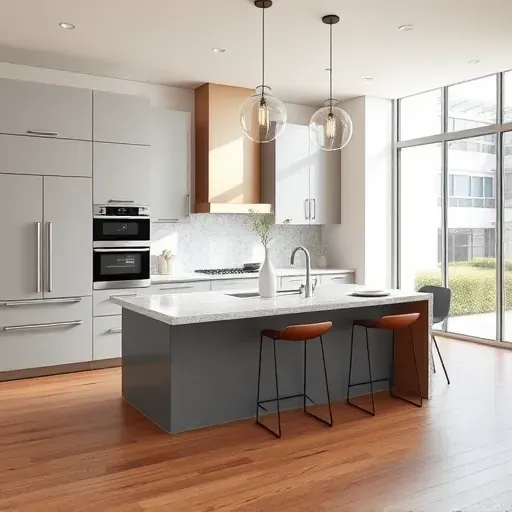 Renovated MainPlace California kitchen with modern matte cabinetry, integrated appliances, granite island, hardwood floors, and natural light