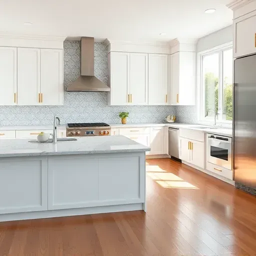 Modern remodeled kitchen in Foothill Ranch with white cabinetry, granite island, and natural light, exuding sophistication.