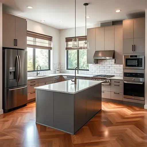 Renovated West Grove Valley kitchen with black handles, granite island, stainless steel appliances, subway tiles, hardwood floors, and natural light