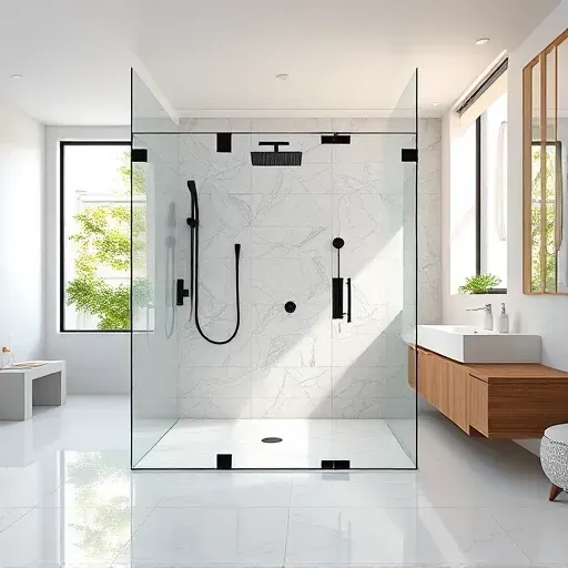 Completed sleek walk-in shower in Los Angeles with glass panels matte black fixtures marble floors and natural light