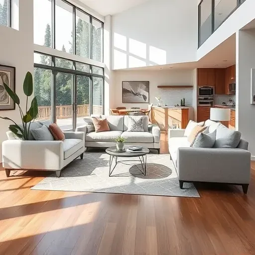 spacious modern living room in El Camino Real CA with large windows, elegant furniture, and polished hardwood floors