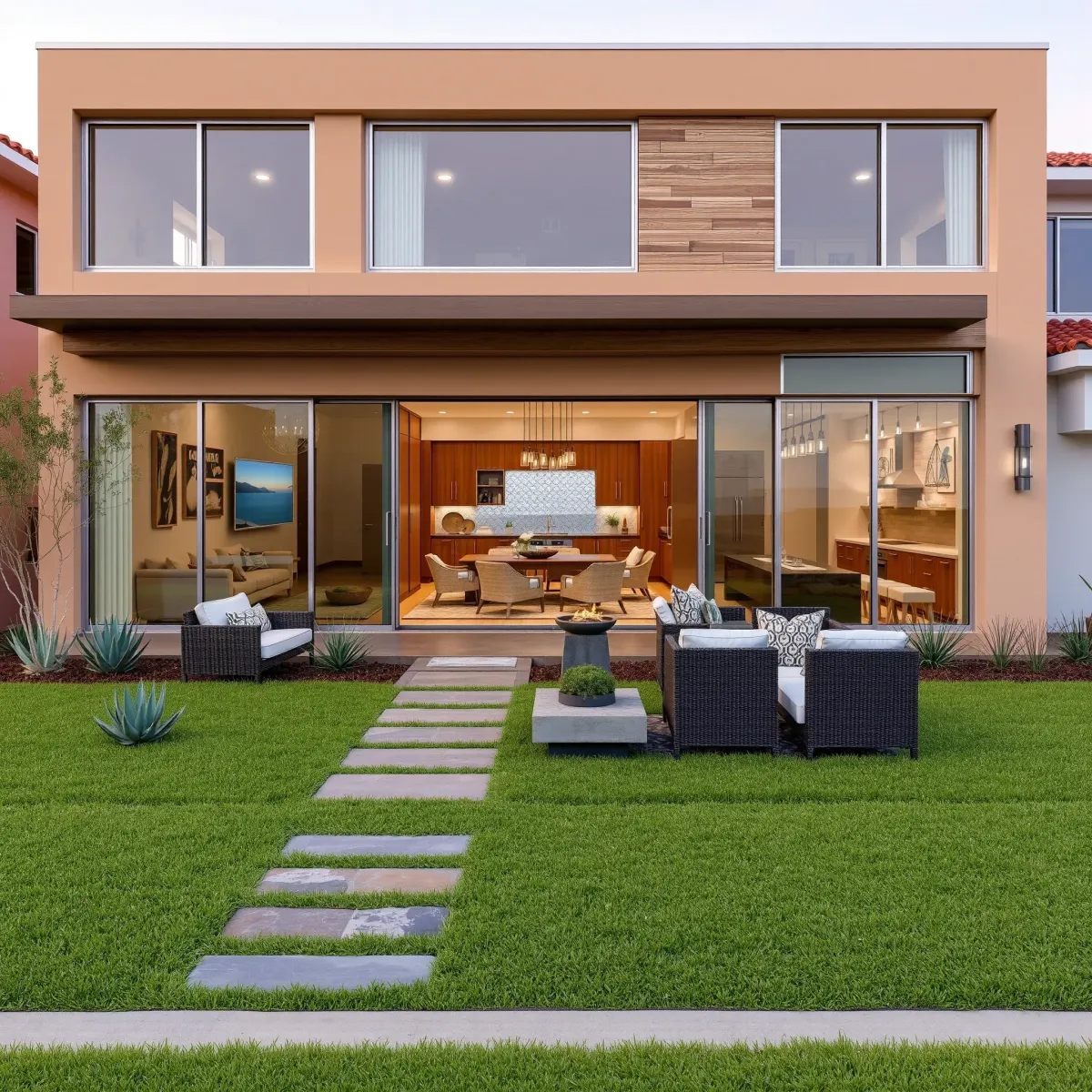 Modern Dana Point home with stylish façade, landscaped backyard, fire pit, outdoor furniture, and ocean view.