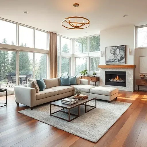 Remodeled Lake Forest living room features large windows, elegant hardwood floors, and a stylish sectional sofa.