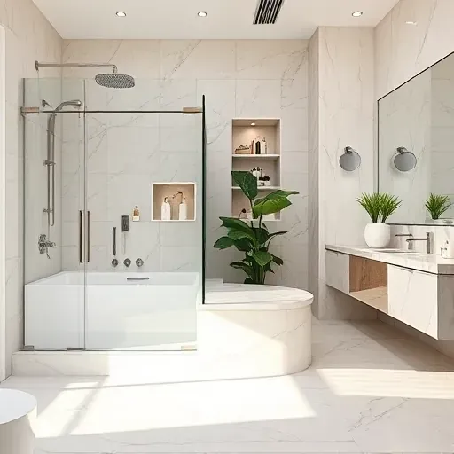 Renovated modern LA bathroom with glass shower, deep soaking tub, marble tiles, contemporary fixtures, and greenery.