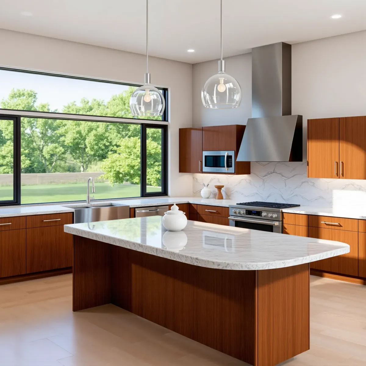 Renovated MainPlace, CA kitchen with modern granite countertops, warm wood cabinetry, stainless steel appliances, and natural light.