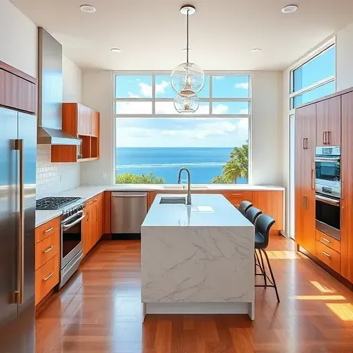 Renovated Huntington Beach kitchen with modern design, high-end appliances, warm wood cabinetry, and spacious island.