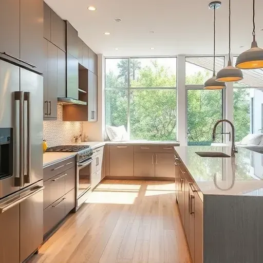 Recently remodeled Riverview East kitchen with matte modern cabinetry stainless appliances quartz counters glass tile backsplash hardwood floors and scenic outdoor view
