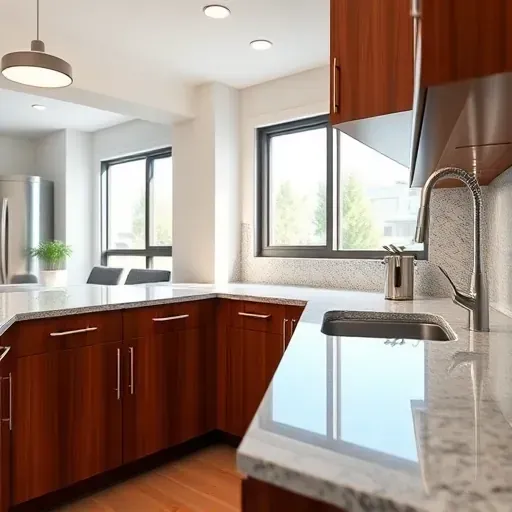 Refined mahogany kitchen cabinet with glossy finish, modern design, granite countertop, stainless steel sink, and bright airy background