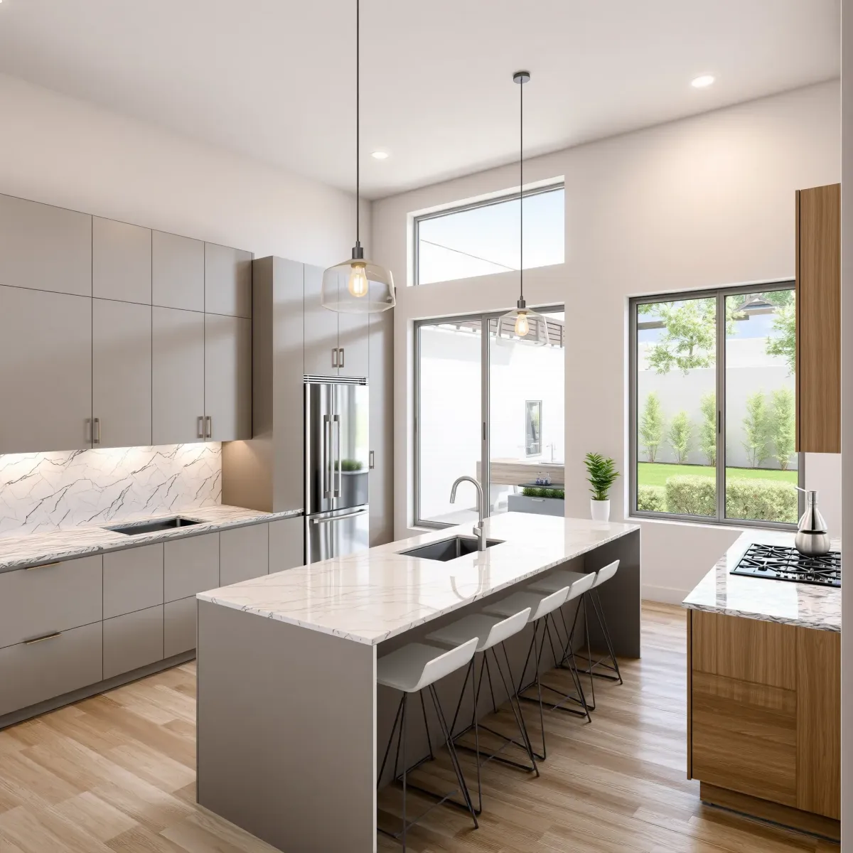 Remodeled Northwood, CA kitchen with white granite counters, wood cabinetry, stainless steel appliances, large windows, and warm modern decor.