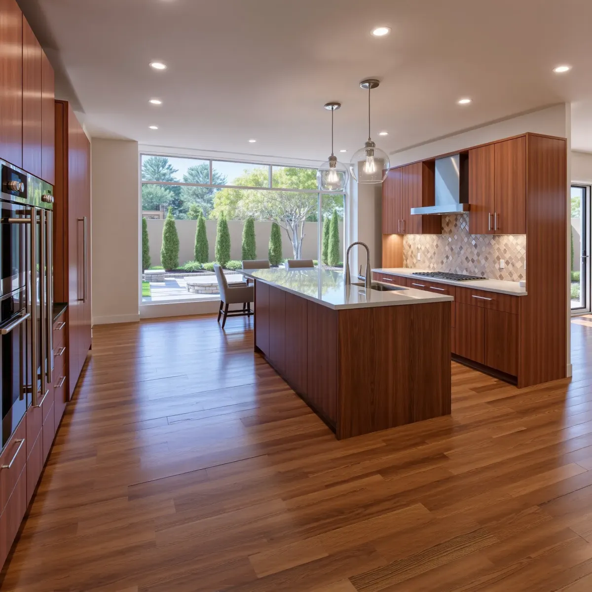 Modern Dana Point kitchen with coastal design, ocean views, white quartz counters, seafoam green cabinets, and hardwood floors.