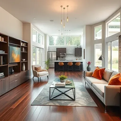 Stunning Mid-City CA living room remodel with natural light, modern furniture, and a chic open-plan kitchen design.