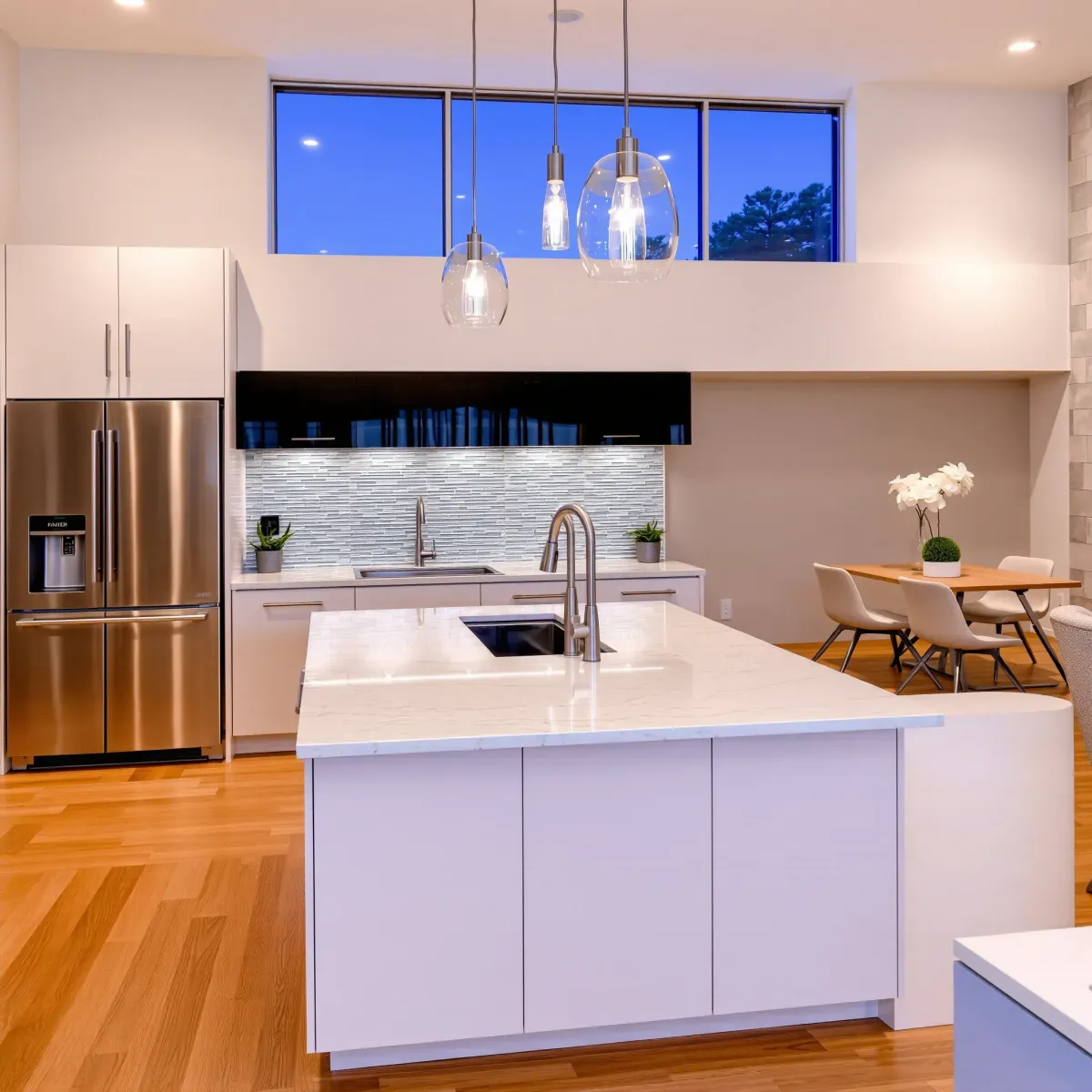 Remodeled Foothill Ranch kitchen with modern matte cabinetry, granite countertops, stainless appliances, hardwood floors, and natural light.