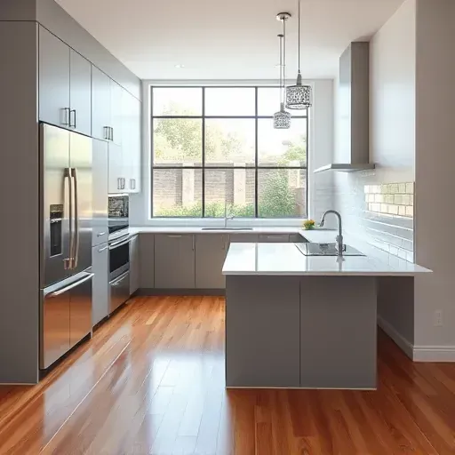 Completed modern Irvine kitchen with gray matte cabinets, quartz countertops, stainless appliances, hardwood floors, and large windows