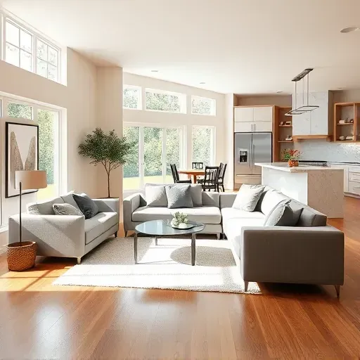 Modern Northwood CA living room remodel with neutral tones, plush gray sofa, natural light, and elegant kitchen design.