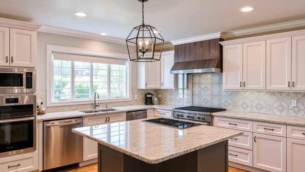 Renovated Northwood, CA kitchen with sleek matte cabinets, stainless steel appliances, quartz island, and abundant natural light.