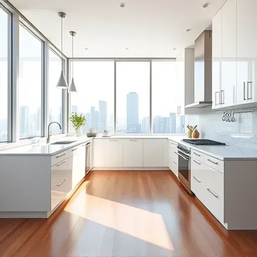 Modern remodeled Los Angeles kitchen with white cabinets stainless steel appliances marble island large windows skyline view
