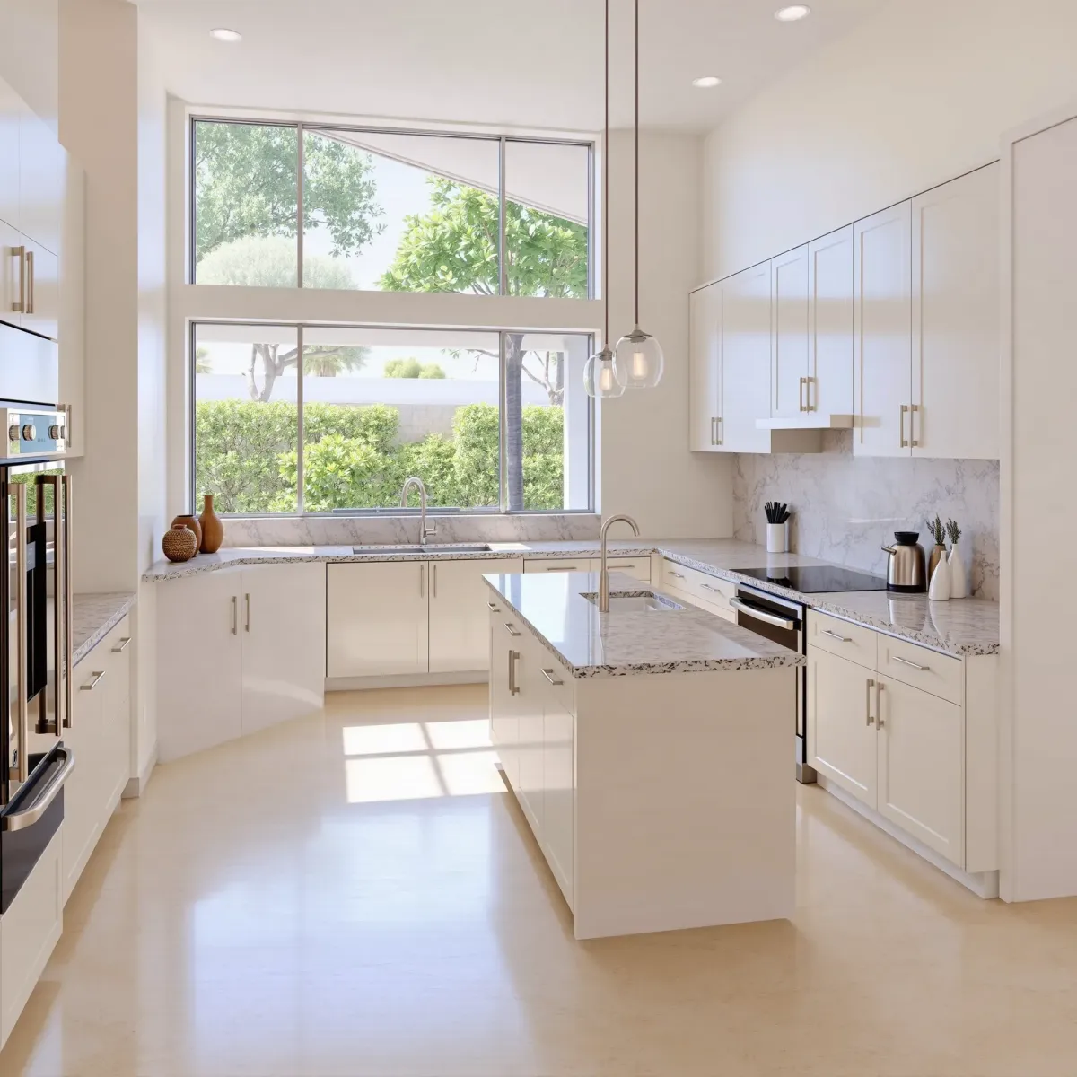 Remodeled Mission Viejo kitchen with white quartz countertops, stainless appliances, wood cabinets, and natural light.